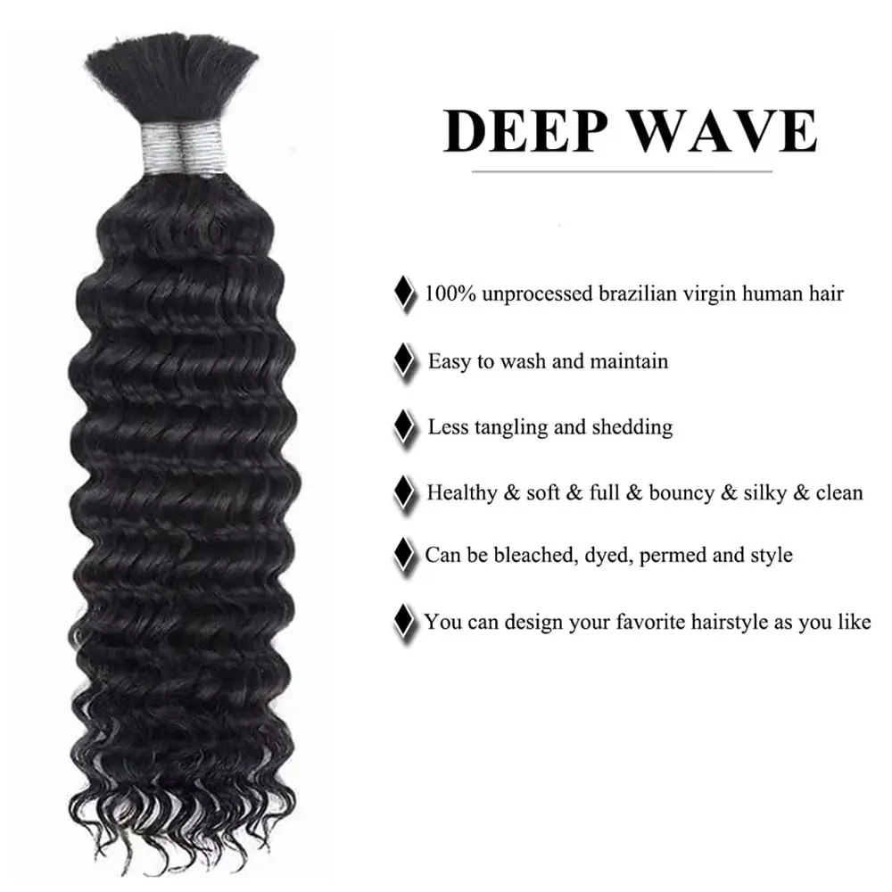 Deep Wave Bulk Cabelo Humano, 100% Virgem Brasileira Não Transformados, Tranças Boho, Preto Natural, 100g com 2 Pacotes