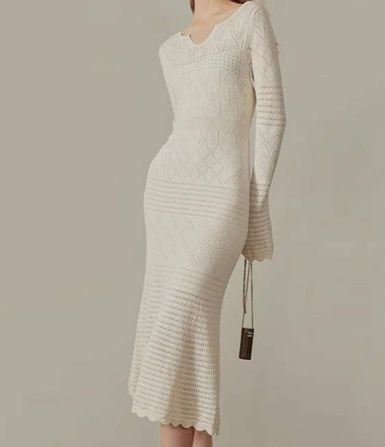 

2025 New Design - High-end Knitted Mesh Fish-Tail Mid-Length Sweater Dress