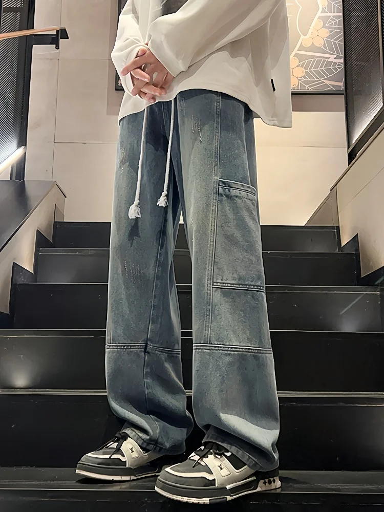 

Loose Straight Leg Workwear Jeans Men's New 2024 American Retro High Street Wide Leg Pants Youthful Wear Resistant Trousers