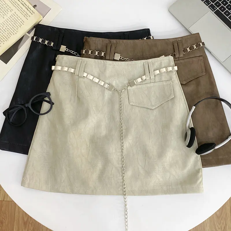 Women's Apricot PU Leather A-line Mini Skirt Vintage 2000s Y2K Gyaru Skirts High Waist Bodycon Skirt with Chain for Women Summer