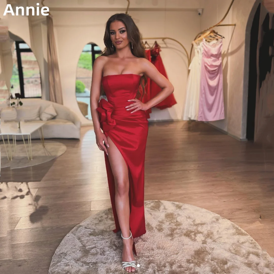 

Annie Red Prom Dresses Sexy Strapless Side Slits Evening Dresses Silk Satin Formal Wedding Party Dress Robes De Soirée