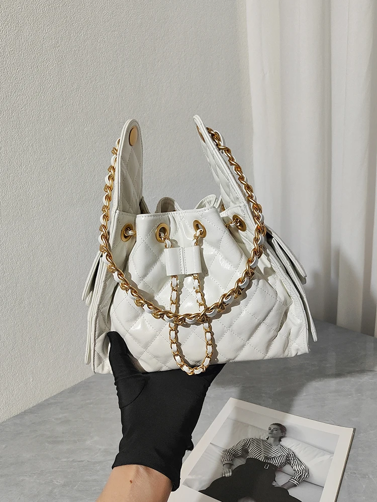 

Luxury Feel Real Leather Dstring Buet Bag Women's Top Layer Cowhide Underarm Bag Faionable Chain Strap oulder Bag