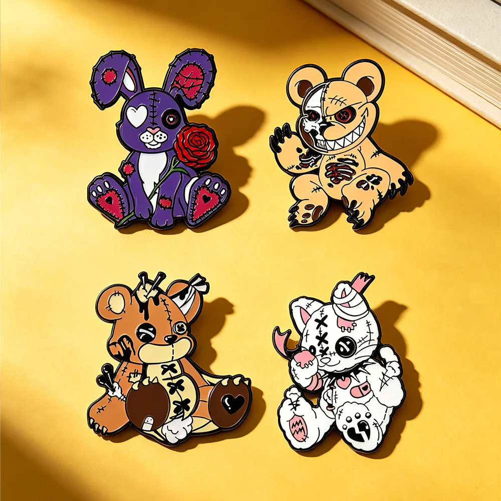 2026 New Dark Style Bear Brooch Damaged Rabbit Cat Design Halloween Costume Accessories Funny Badge on Backpack Clothing