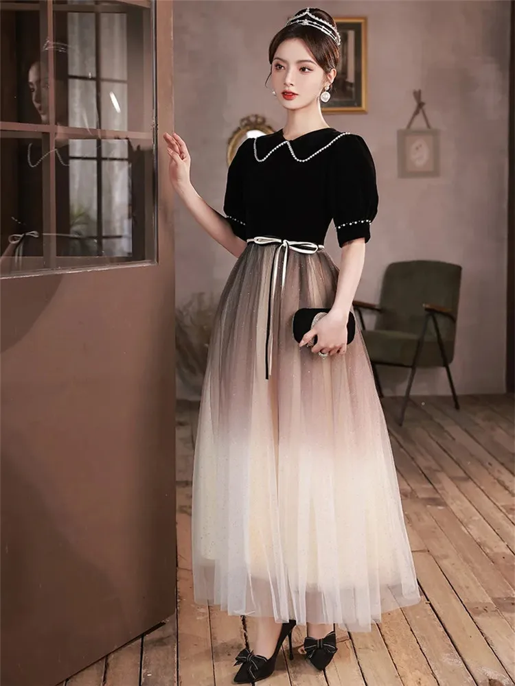 Black Dress Women Spring Summer Patchwork Beaded Lace-up Lapel Five-point Sleeve Long A-line Skirt Elegant Female Clothing M171