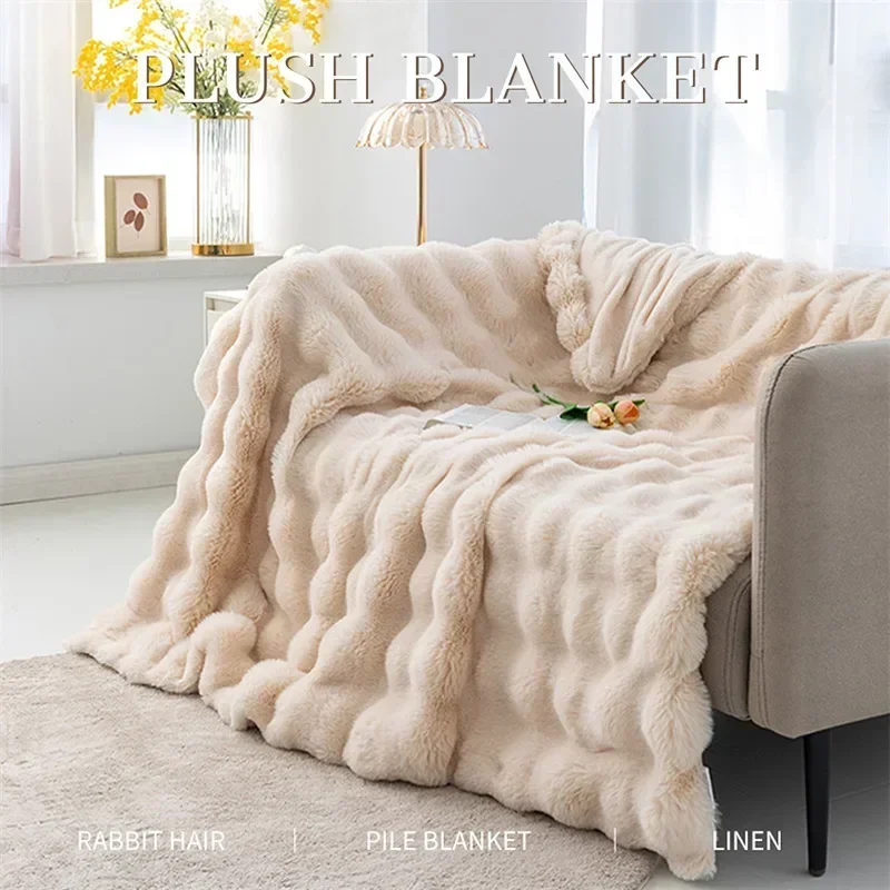 Luxury Double-sided Blanket with Tosca Bubble Velvet and Short Rabbit Fur, Warm and Comfortable, Suitable for Bedrooms and Sofas
