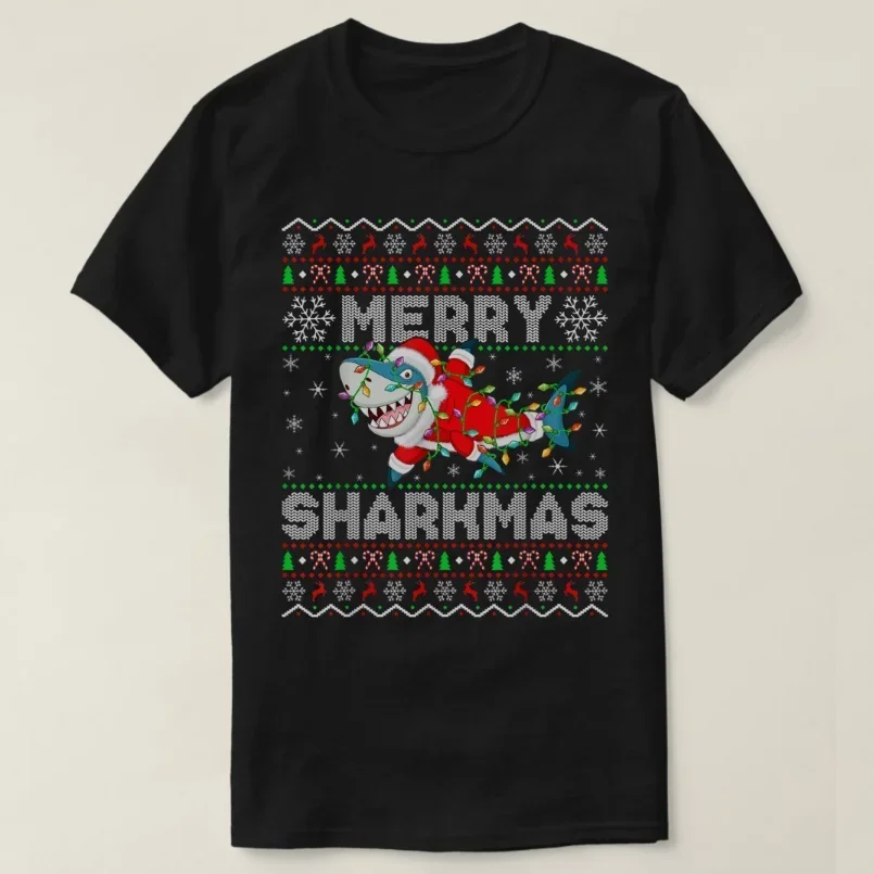 

Funny Santa Shark Christmas Lights Ugly Merry Sharkmas T-Shirt 100% Cotton O-Neck Short Sleeve Casual Mens T-shirt Size S-3XL