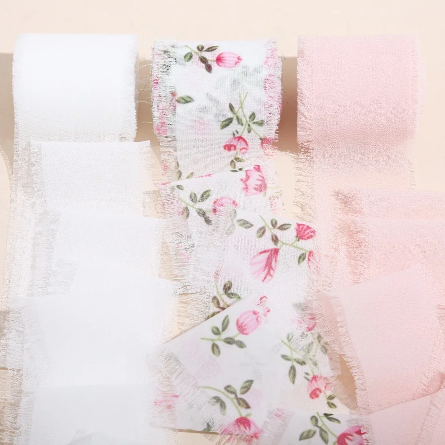 Mischen Sie 3 Rollen, 5 m, bedruckte Blumen, ausgefranstem Satin, handgefertigtes Chiffonband für Hochzeitseinladung, Blumenstrauß, Geburtsparty, DIY, Dezember, Geschenk – Detail 5