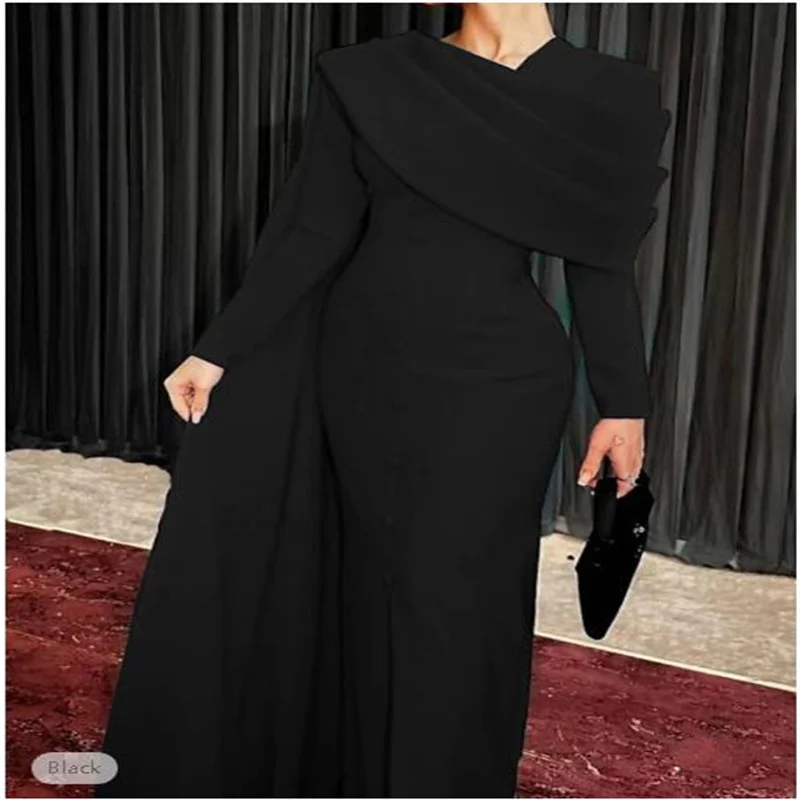 Sheath Black Dress Evening Gown Elegant Cape Dress Formal Fall Sweep Train Long Sleeve Cowl Neck Stretch Fabric with Buttons