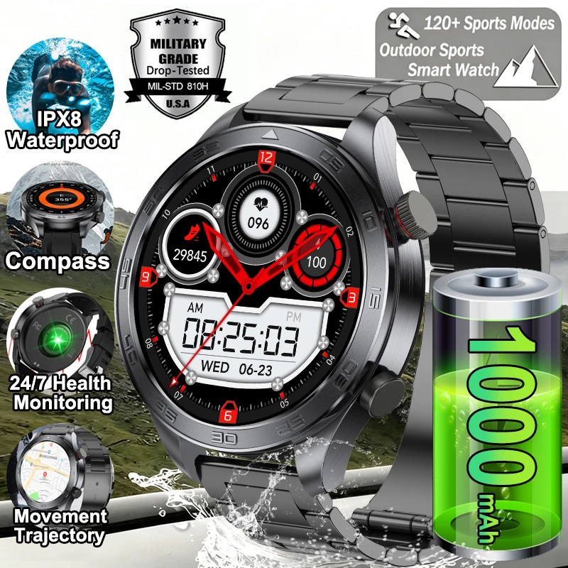 New Military Smart Watch Men Outdoor Compass Sports Fitness Heart Rate GPS Track IPX8 Waterproof 1100mAh Battery Call Smartwatch