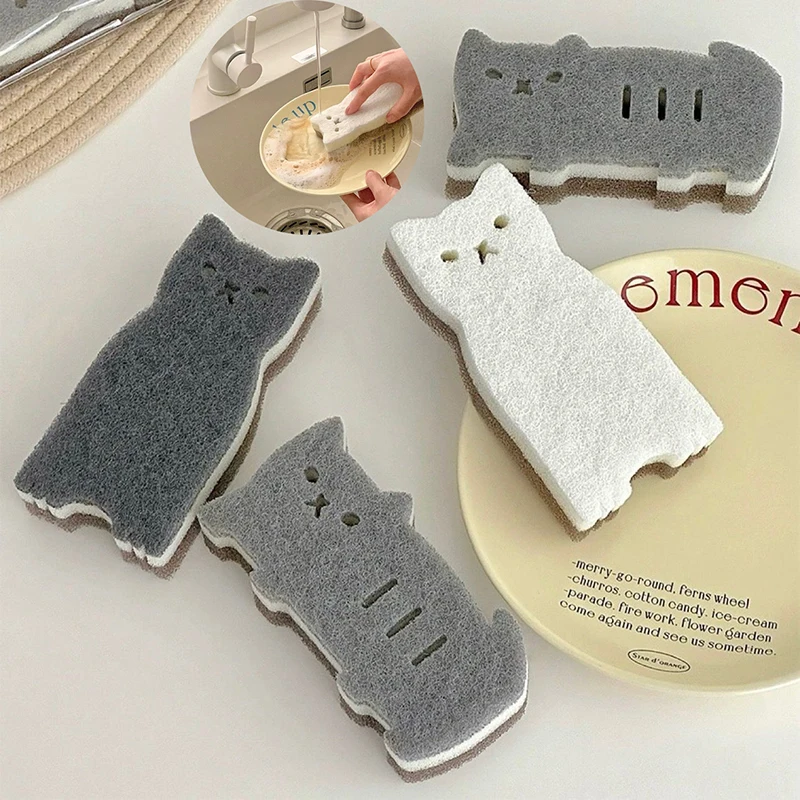 4-piece Cute Cat Kitchen Sponge Set - Thick And Durable Dishwashing And Cleaning Tools