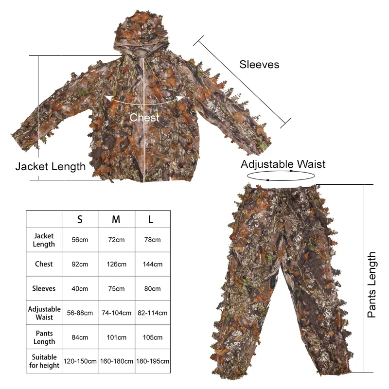 3D leaves Leaf Bionic Ghillie Suits Hooded Hunting Clothes CS Breathable Outdoor Bird Watching Forest Hunting Sniper Suit