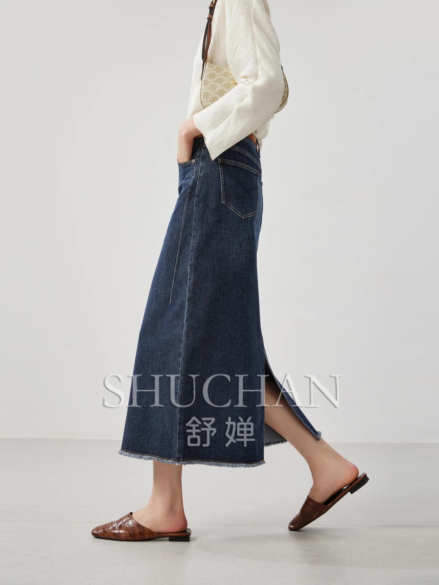 

Vintage Denim After Split Denim Skirt 24 Autumn 95.9% Cotton Korean Fashion Clothing Faldas Largas