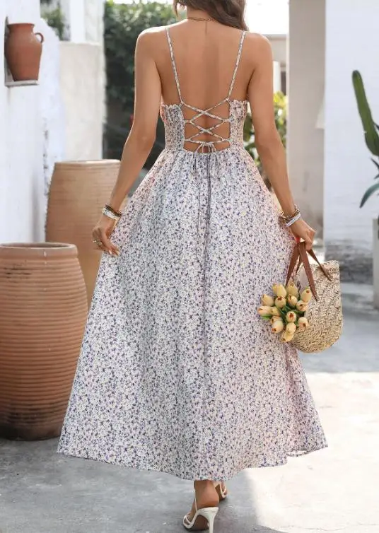 

Women Dresses 2026 Spring Summer New Fashion Floral Print V-Neck Backless Waist Cinching Vacation Casual Camisole Long Dress
