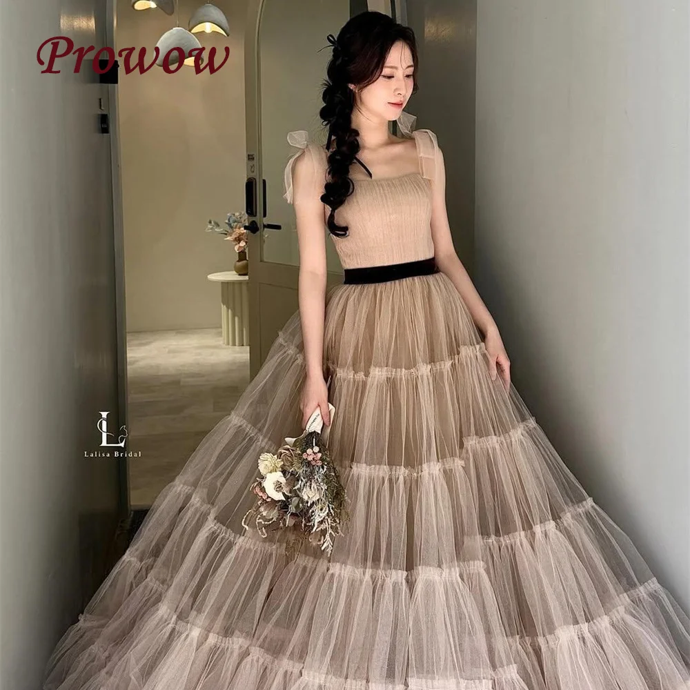 

Prowow Unique Light Champange Prom Dresses Pleats Ruffles Layer Korea Wedding Photoshoot Party Gowns Floor Length Customized