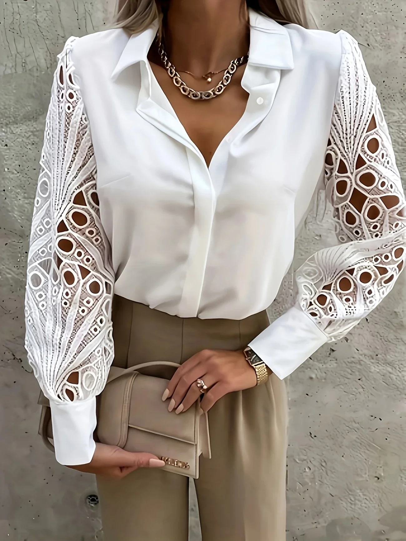 Plus Size 1XL-5XL Women's Elegant Lace Blouse Button Ladies Fashion Long Sleeve Lace Splicing Blouse Shirt