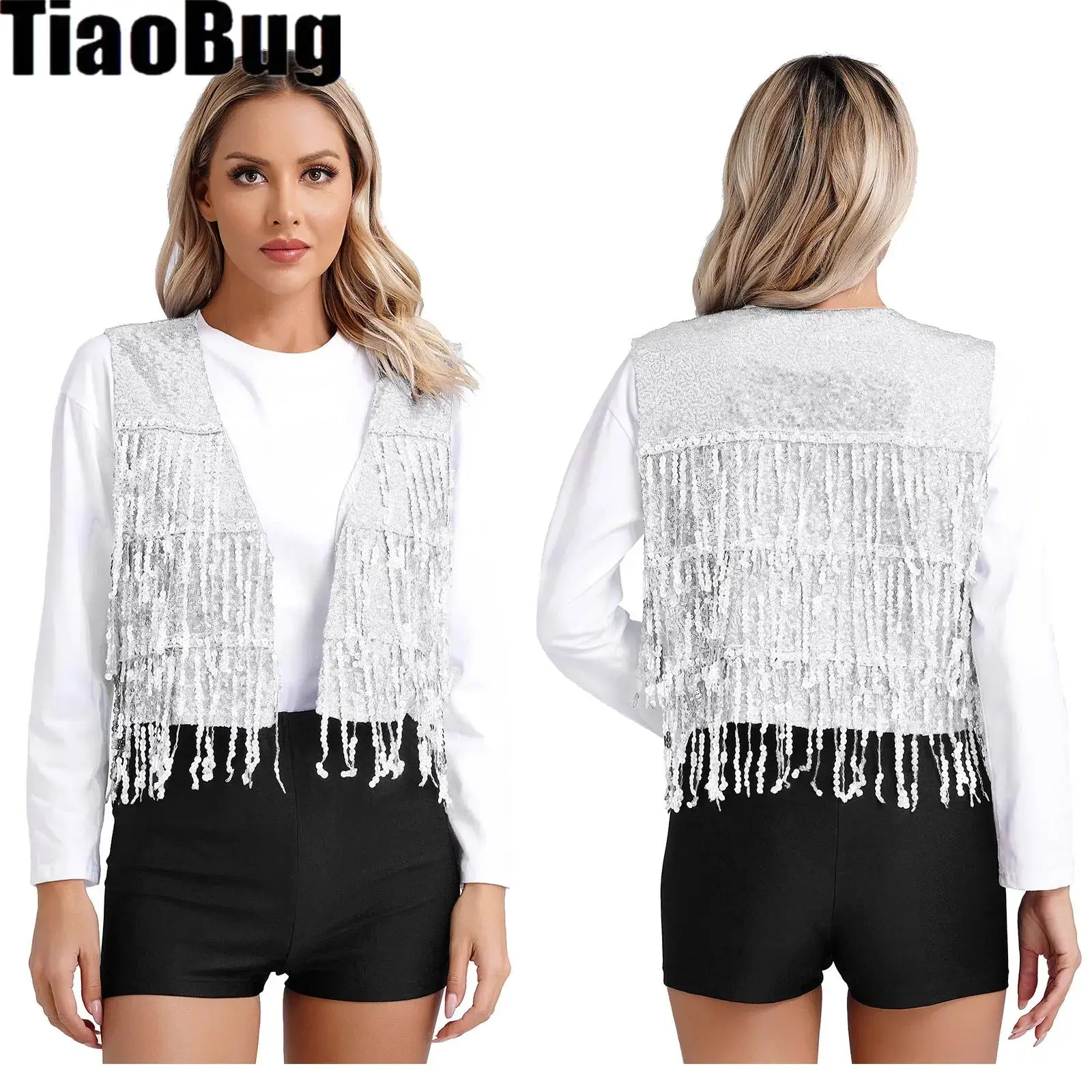 

Женский Блестящий Танцевальный жилет с бахромой, Блестящий жилет без рукавов, жилет с V-образным вырезом и блестками из сплава, жилет с открытой передней частью для танцев и прослушивания музыки