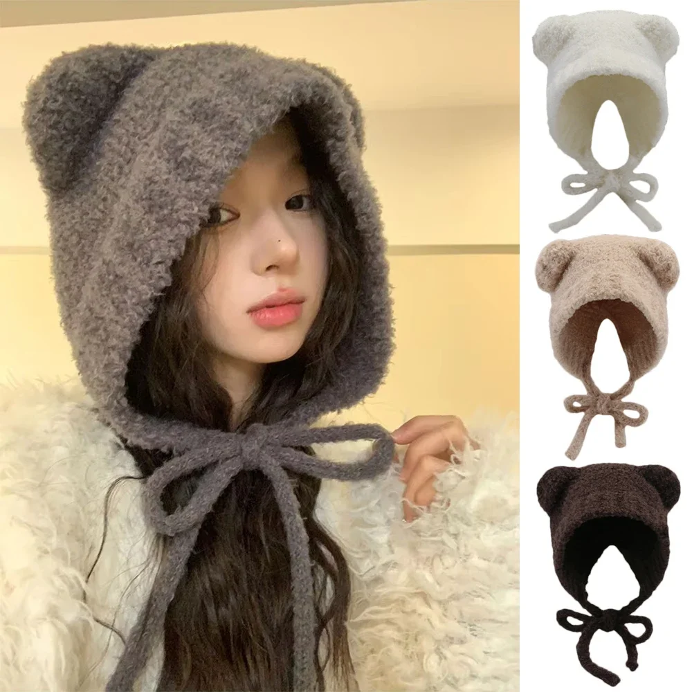 

New Lambhair Winter Harajuku Y2k Beanies Knitted Hat Women Lace Up Warm Thick Hip Hop Skullcap Short Hat Unisex Basic Cap Bomber