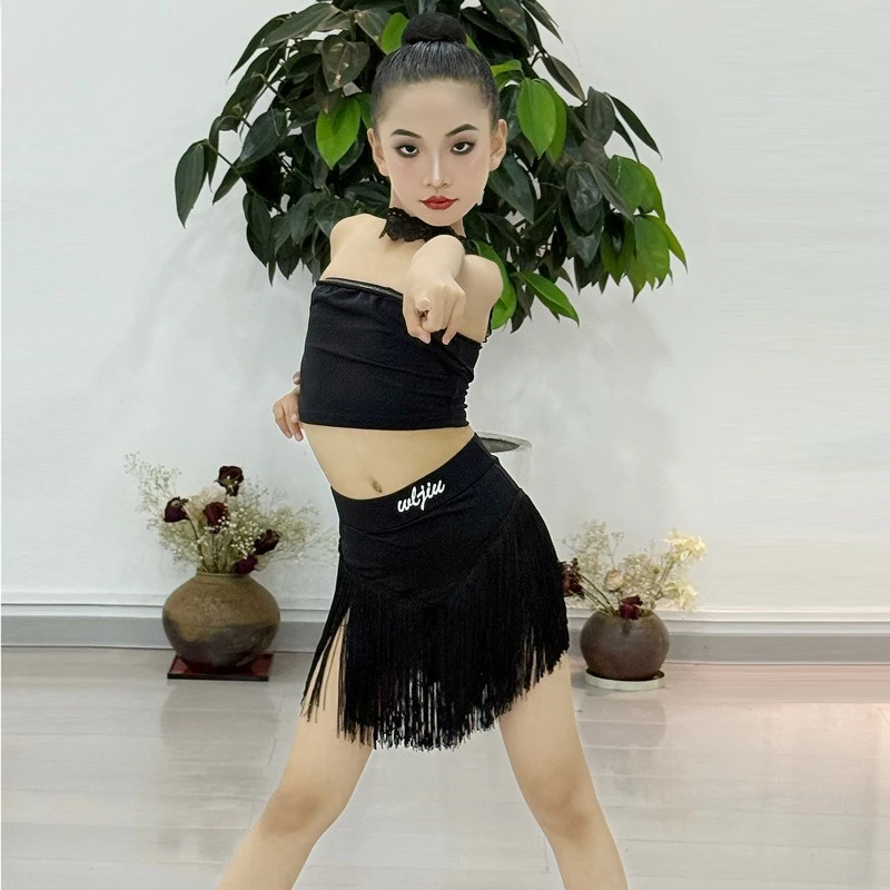 라틴 댄스 의상 소녀용 신상 넥 튜브 탑 프린지 스커트 어린이 라틴 댄스 연습 공연복 여름용
