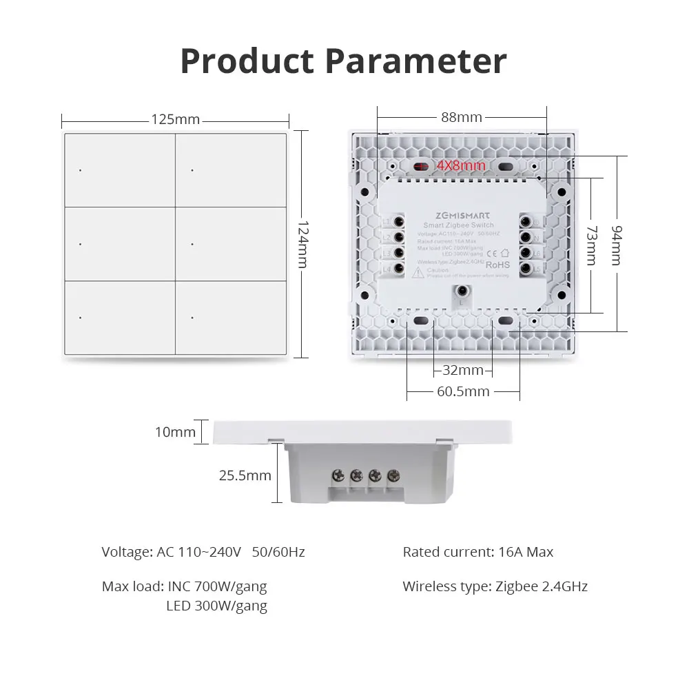 Zemismart Tuya Zigbee 6 Gangs Push Button Wall Light Switches with Neutral Interruptor Alexa Google Home Smartthings App Control