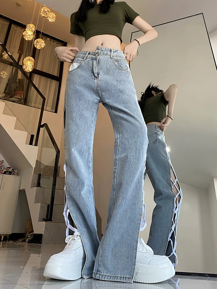 

Women's High Waist Flare Jeans Y2K Sweet Salty Style Asymmetric Hem Lace Up Denim Pants Vintage Streetwear Floor Length Trousers