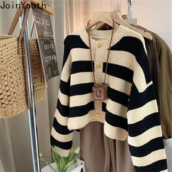 Striped Cardigan Coat 2024 Women's Clothing O-neck Casual Sueter Mujer Fashion Korean Knitted Cropped Sweater Tops Pull Femme