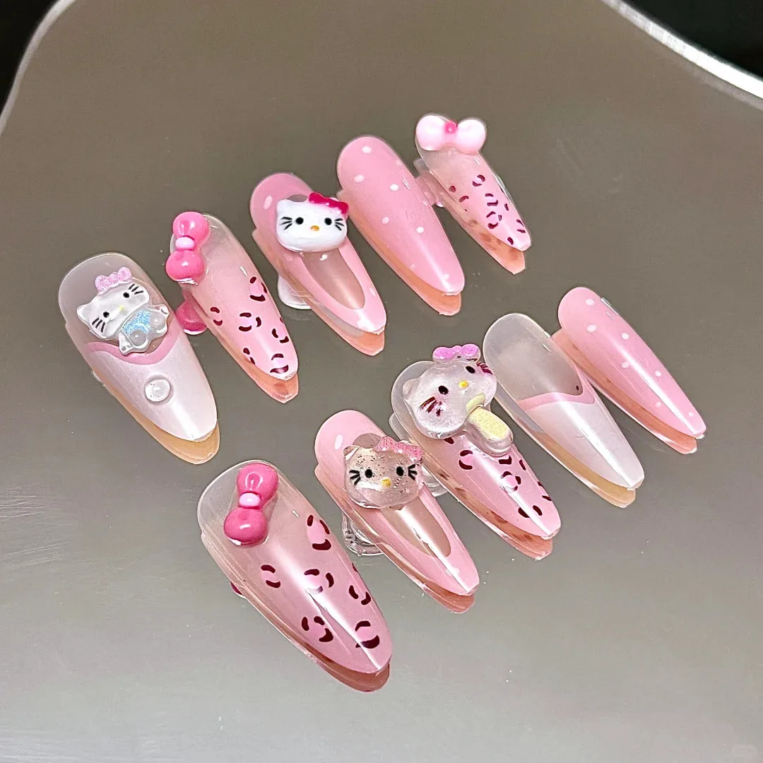 30 pçs rosa olá kitty longo amêndoa unhas falsas leopardo arco bolinhas kawaii capa completa imprensa em unhas diy manicure decorações