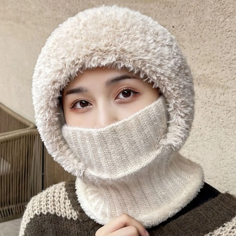 Fashion Multi functional Balaclavas Hat Plush Solid Color Knitted Beanies Hat Hood Thickened Mask Neck Cover Set Outdoor