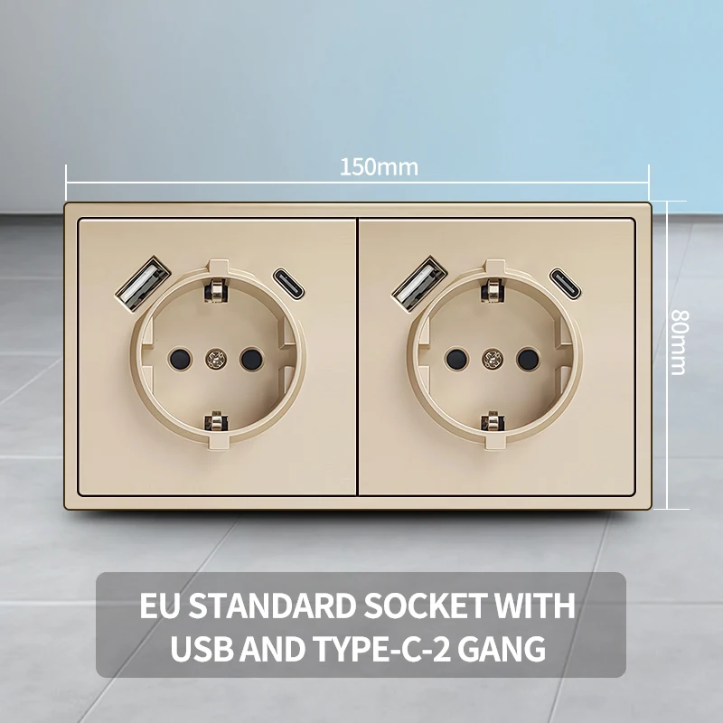 2 USB Type-C snel opladen EU Schuko stopcontact, 80x80mm modern design 16A 250V h 1 tot 5-voudig stopcontact voor thuiskantoor