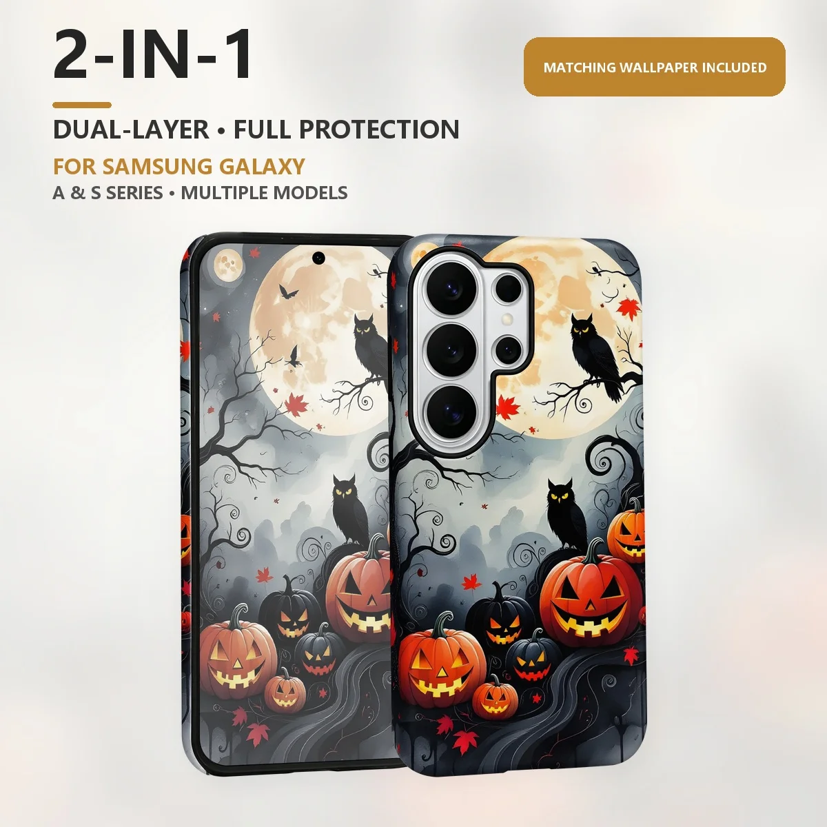 Halloween Pumpkins Owl Moon 2-in-1 Dual-Layer Phone Case for Samsung Galaxy S26 S25 S24 Plus Ultra FE S20 FE A56 A17 A16 A15