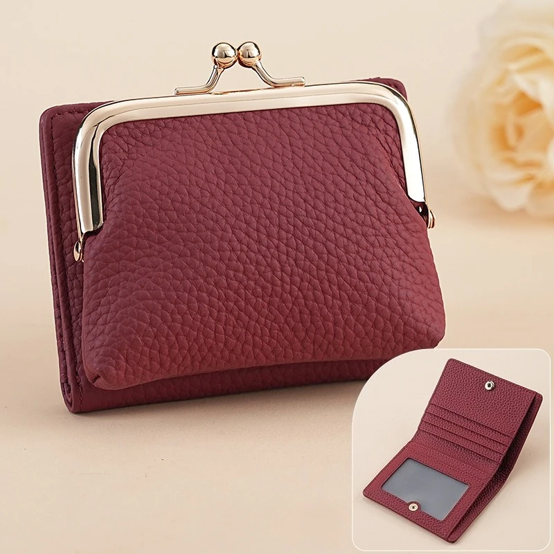 ​​Women's Lychee Texture Genuine Leather Short Wallet - Spacious Multi-Card Organizer with Minimalist Coin Pocket​​