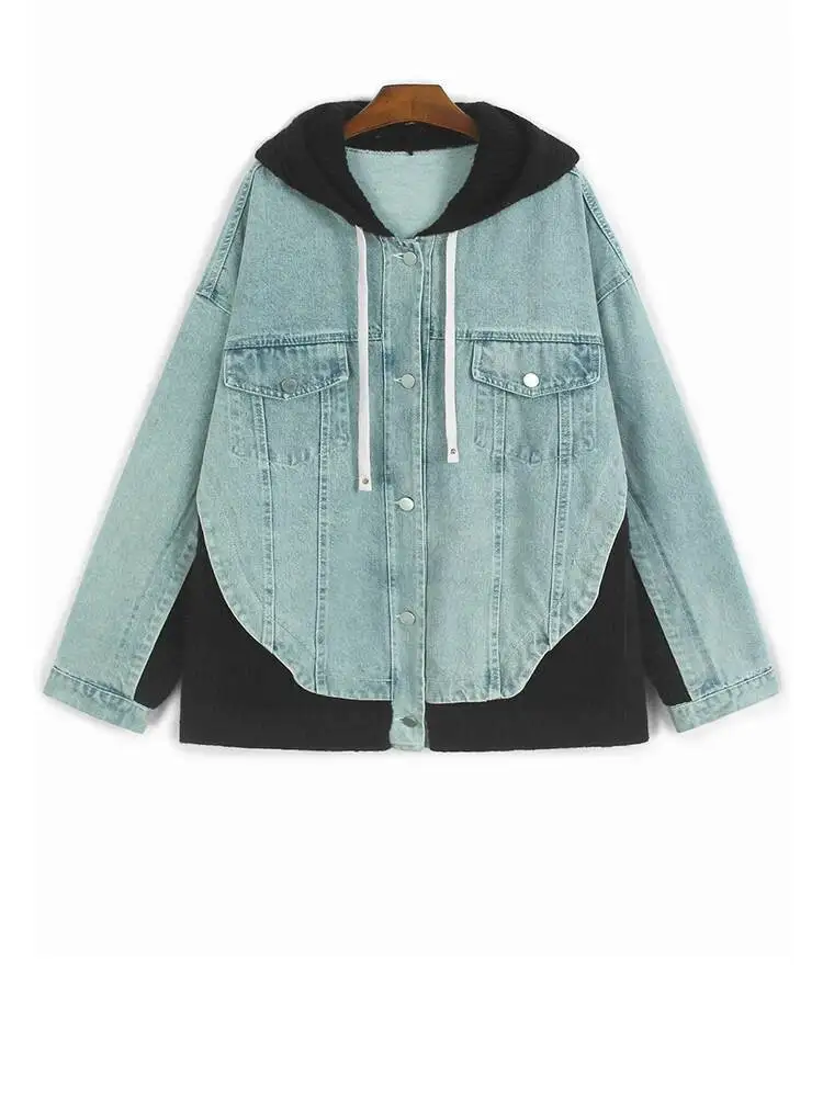 

Black Blue Denim Big Size Knitting Cardigan Sweater Hooded Long Sleeve Women New Fashion Tide Spring Autumn