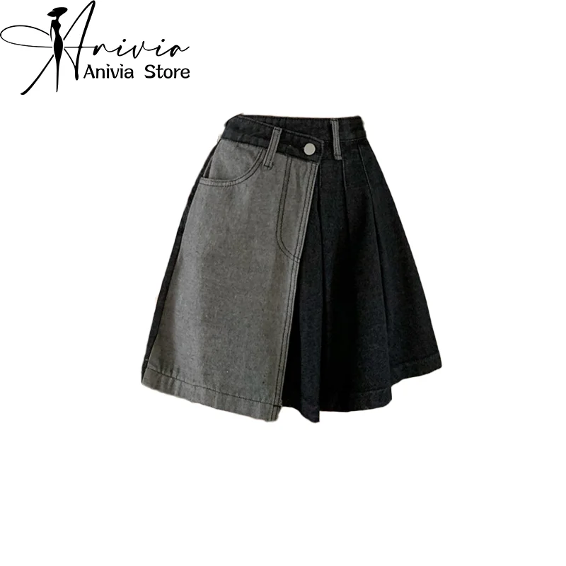 

Women's Spring/Summer High Street Denim Short Skirt Splicing Rules Grey Black Blue Y2K Design Casual American Retro Short Skirt