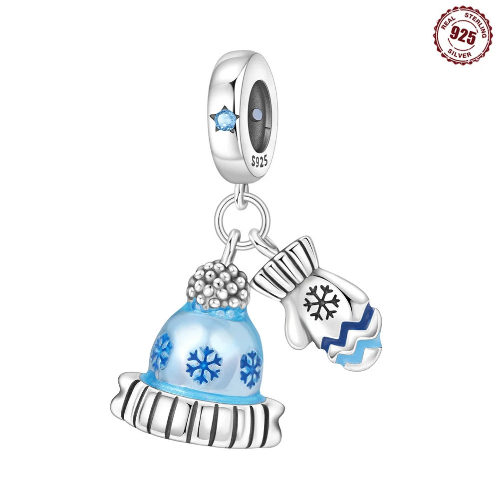 S925 Sterling Silver Winter Hat & Mitten Dangle Charm Blue Enamel Snowflake Bead Fit Bracelet Warmth Blessing Xmas Jewelry Gift