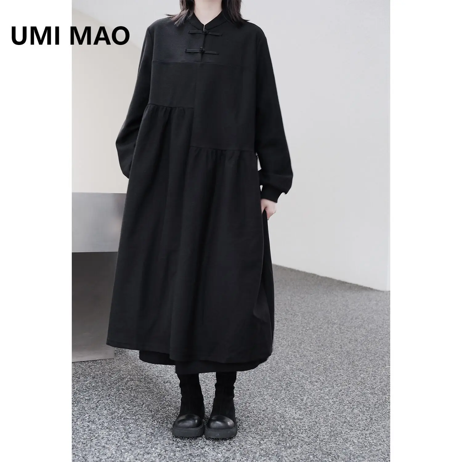 

UMI MAO Dark New Chinese Style Pan Buckle Loose Dress Niche Chinese Style Versatile Autumn And Winter Long Dresses Femme