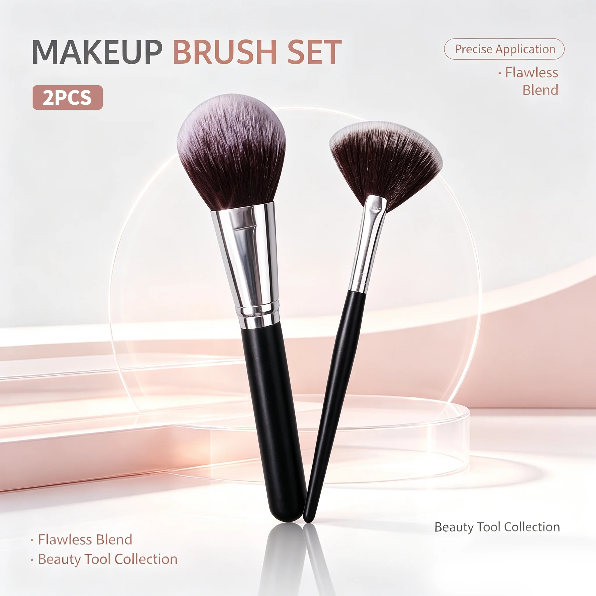 2Pcs Makeup Brush Set,Cosmetic Brushes for Setting Powder,Blush, Highlight&Bronzer, Face Beauty Makeup Tool