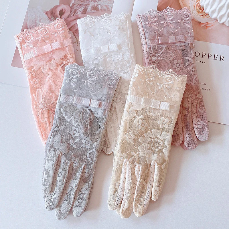 

Women Lace Full Finger Gloves Summer Ice Silk Thin UV Resistant Sunscreen Gloves Anti-slip Driving Gloves Gift