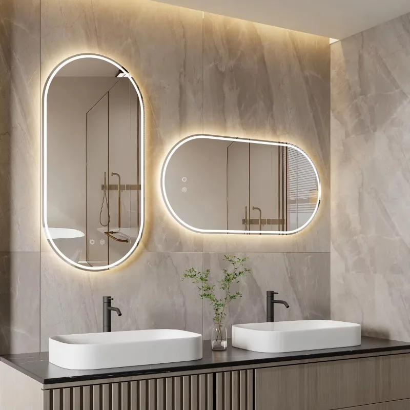 Modern Frameless Light Emitting Diode Oval Bathroom Mirror Smart Touch Sensor Switch Anti-Fog Dimmable Aluminum Luxury