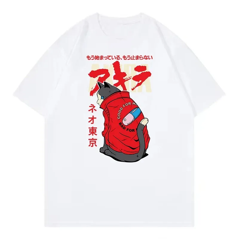 Men Women Cat T-shirt Japanese Anime Akira Tokyo Cat Funny T Shirts Round Neck Short Sleeve Hip Hop Tee Shirt Streetwear Y2K