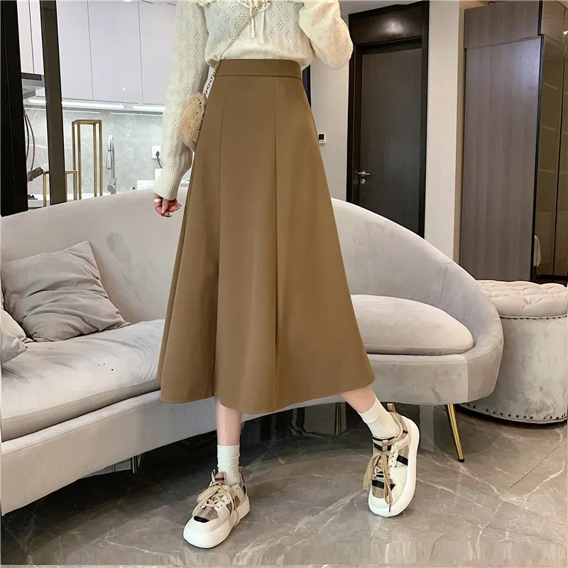 Fall Winter Women's High Waist A-Line Woolen Midi Skirt Korean Style Slim Flared Umbrella Skirt