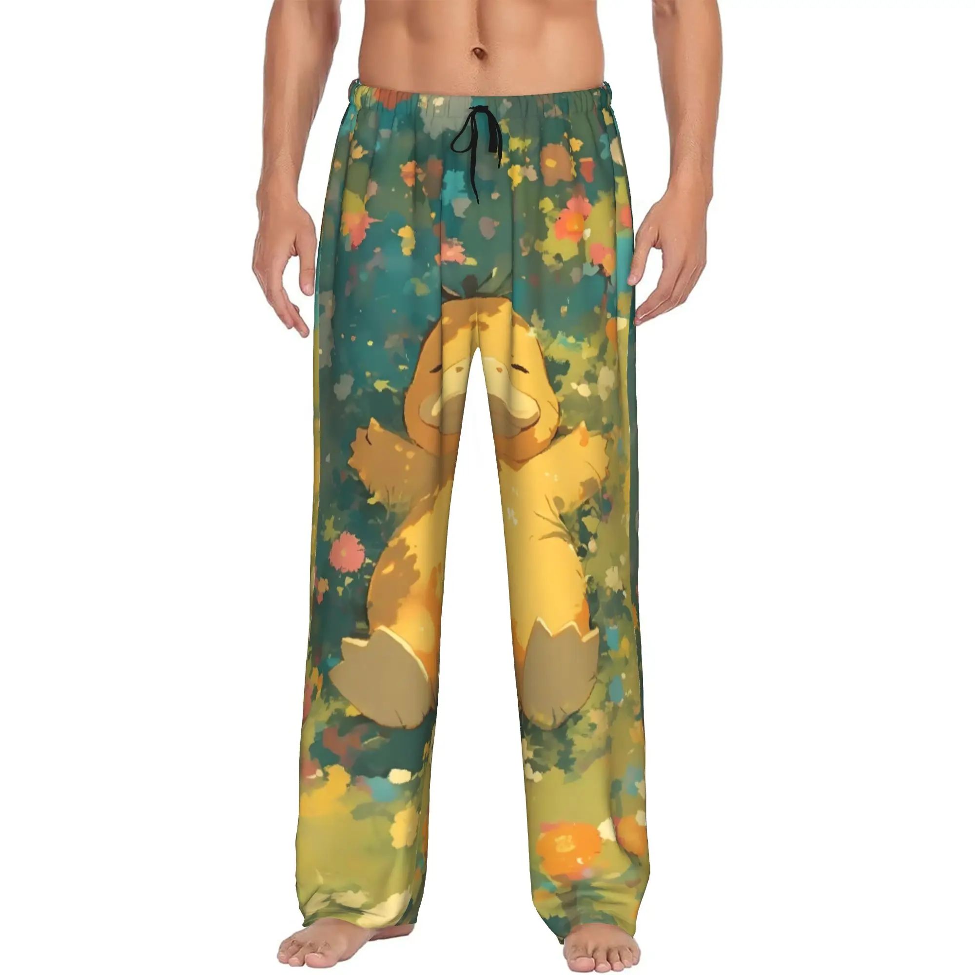 Custom P-Psyducked Cartoon Pajama Pants Sleepwear Men's Elastic Waistband Duck Anime Sleep Lounge Bottoms with Pockets