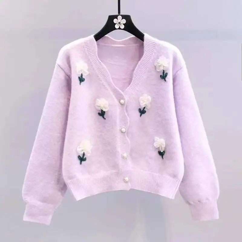 Women\'s Rhinestone 3D Flower Sweet Chic Kawaii Y2K Knitted Sweater Autumn Winter Trendy Preppy Style Long Sleeve Button Cardigan