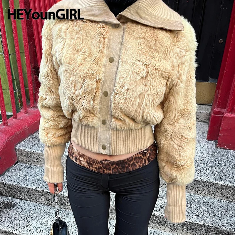 HEYounGIRL Faux FUR Patchwork สไตล์ผู้หญิง High Street Turndown COLLAR สีกากีปุ่ม Crop JACKET ฤดูหนาวติดตั้ง Outwear