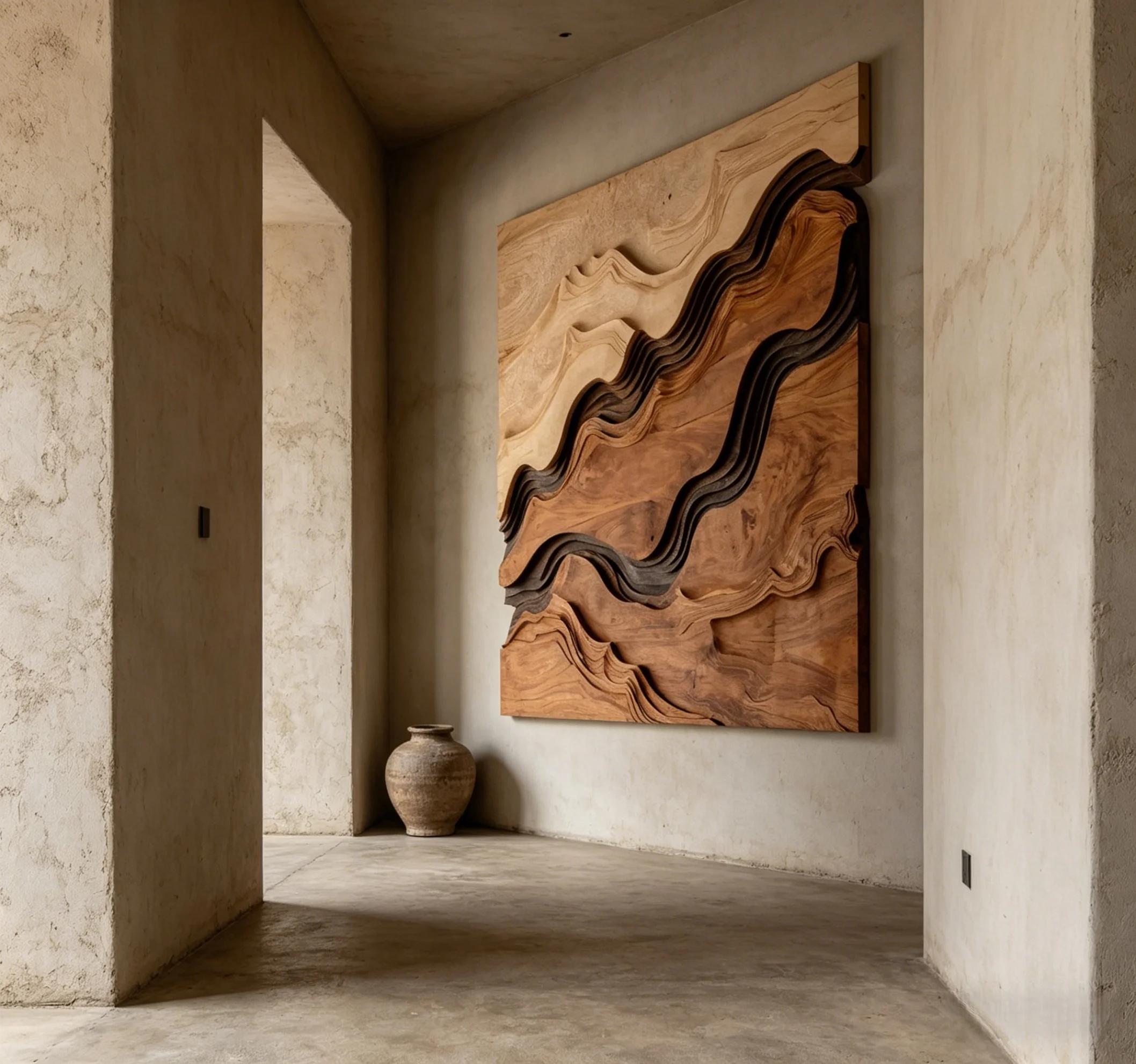 ！@Earthy Gradient Wave Solid Wood Sculpture-Handmade Layered Wall Hanging for Modern Boho Living Area