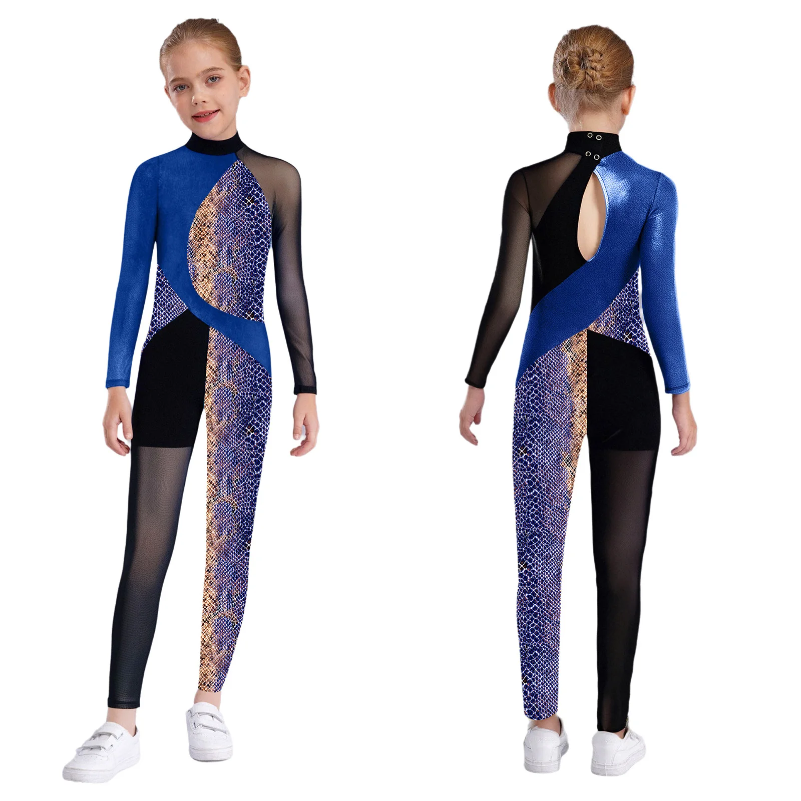 

Kids Girls Ballet Gymnastics Jumpsuit Sports Leotard Long Sleeve Keyhole Back Metallic Snakeskin Color Block Patchwork Bodysuit