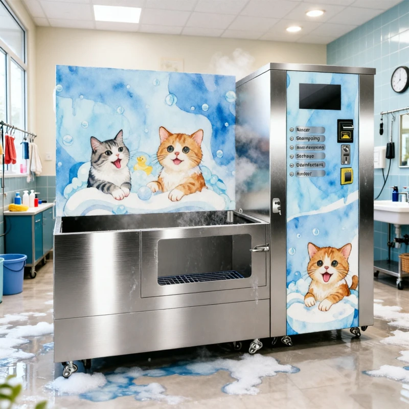 Self-Wash Pet Grooming Box, Digital Timer Washer Dryer Set, Foot-Pedal Activated Shampoo Rinse for Pet Shop Interior