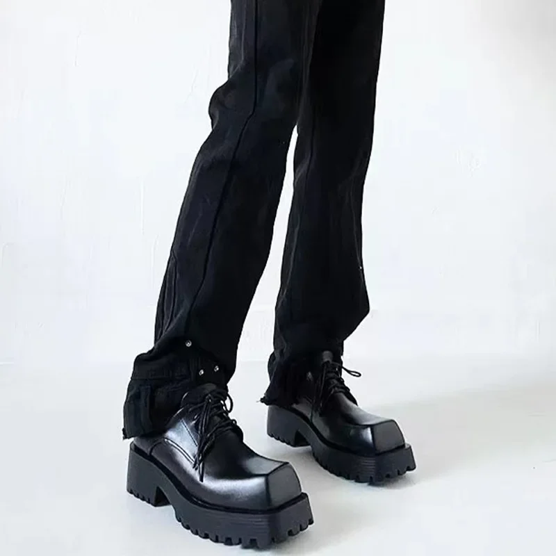 

Black Square Toe 2025 New Leather Shoes Women's Thick-Soled Casual Derby Shoes Lace Up Platform Fashion Boots Shoes
