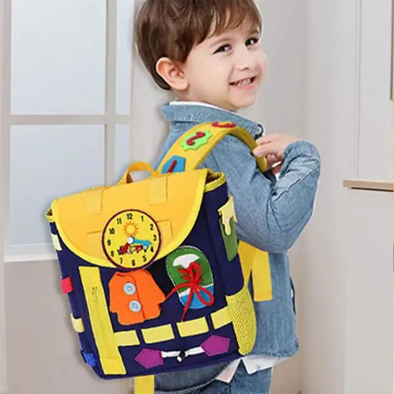 Montessori Felt Mochila para Criança, Busy Board, Brinquedos Educativos para Crianças, Habilidades Motoras Finas, Desenvolvimento