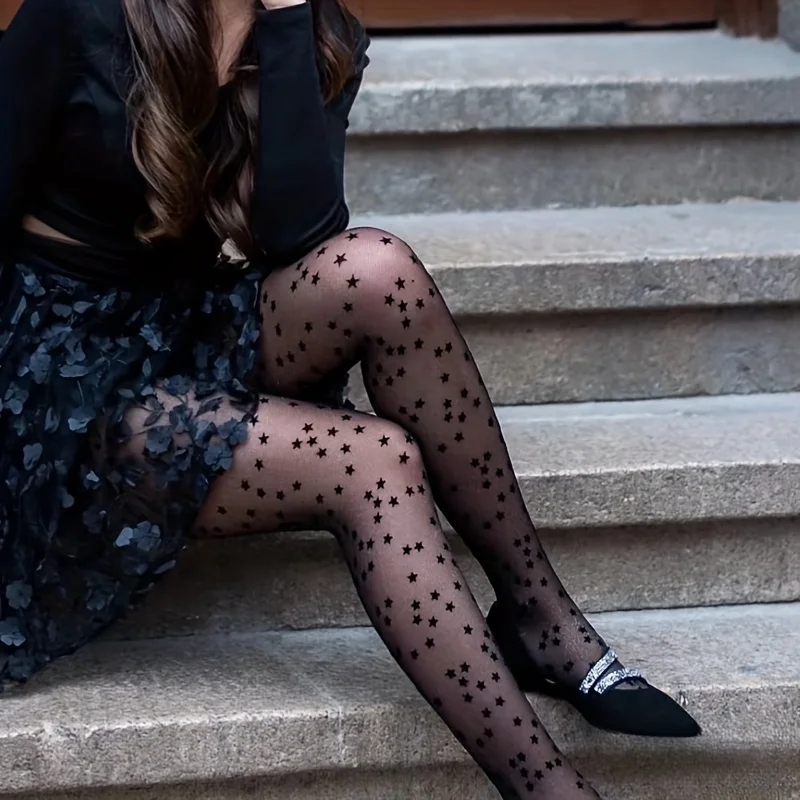 Ladies Elegant Star Pattern See-Through Leggings - High Waist, Stretch Nylon and Spandex Blend, Perfect for Casual Wear
