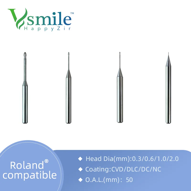 Roland DWX 52 Milling burs 0.3 mm/0.6 mm/1.0 mm/2.0 mm for Zirconia PMMA Peek and Wax in CADCAM Open System