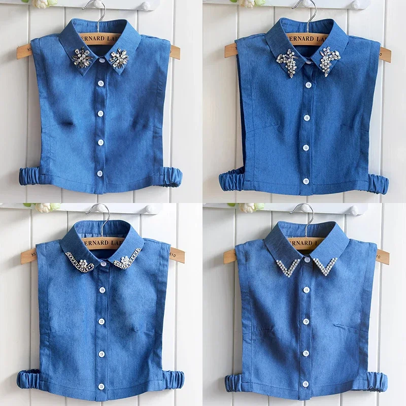 Fashion Denim Blue Women Fake Collar Shirt Detachable Collar Female False Collar Solid Shirt Lapel Blouse Top Men Women